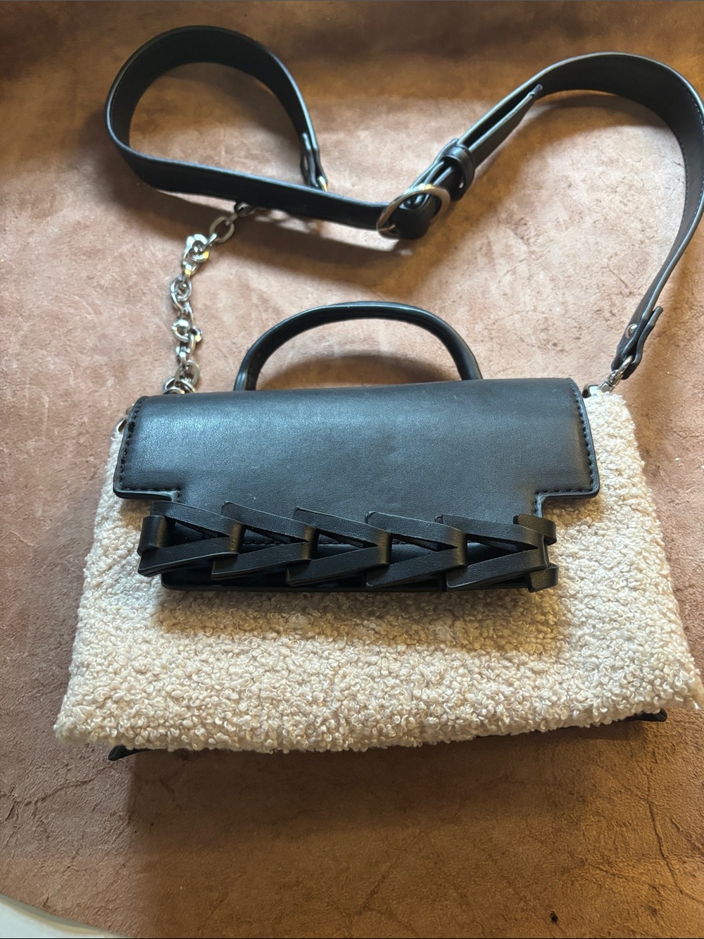 Black & Cream Textured Crossbody Bag with Chain Accent